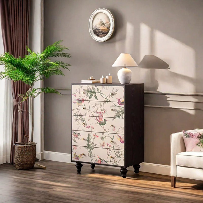 Armoire de rangement à cinq tiroirs avec cadre en pin, Noir, noir, noir, noir