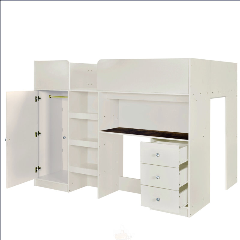 Lit mezzanine double en bois avec garde-robe intégré