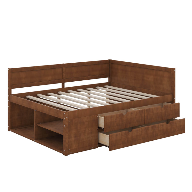 Lit de jour avec tiroirs et tablettes, Lit double, Noyer