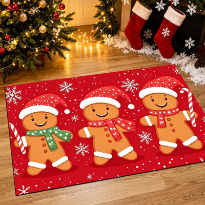 Tapis de porte de Noël antidérapant pour l'intérieur et l'extérieur, 40 x 60 cm, motif maison en pain d'épices rouge