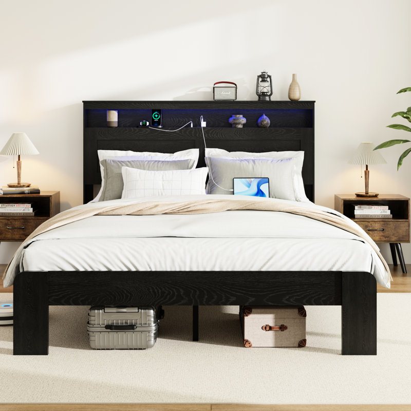 Base de lit pour grand lit: bruit, tête de lit avec rangement pour câbles, 2 sommiers sans sommier et lattes de bois pour la chambre à coucher: tête de lit à DEL, charge, design rétro, noir foncé facile à assembler