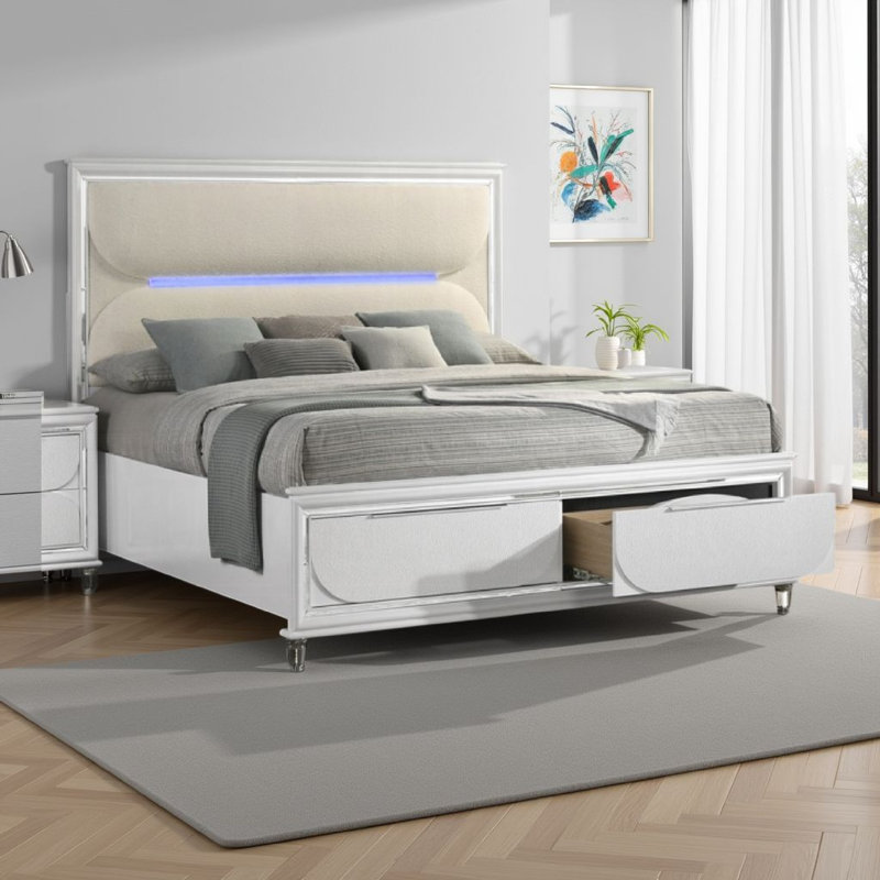 Rara Bed, 2 Storage Drawers, LED, White Boucle Upholstery, King