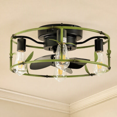 Ventilateur de plafond grillagé vert de style ferme de 18,5 pouces avec lumière, montage encastré discret et télécommande Fandelier