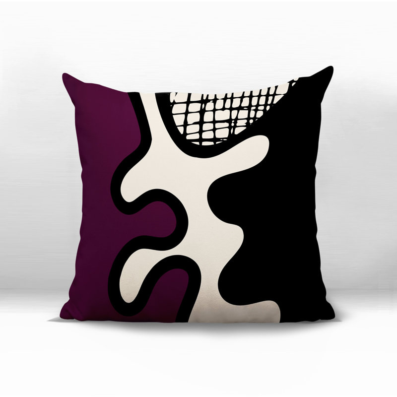 Oreiller carré réversible intérieur / extérieur Vido, H 15 po x l 15 po, Mauve / noir / blanc cassé abstrait