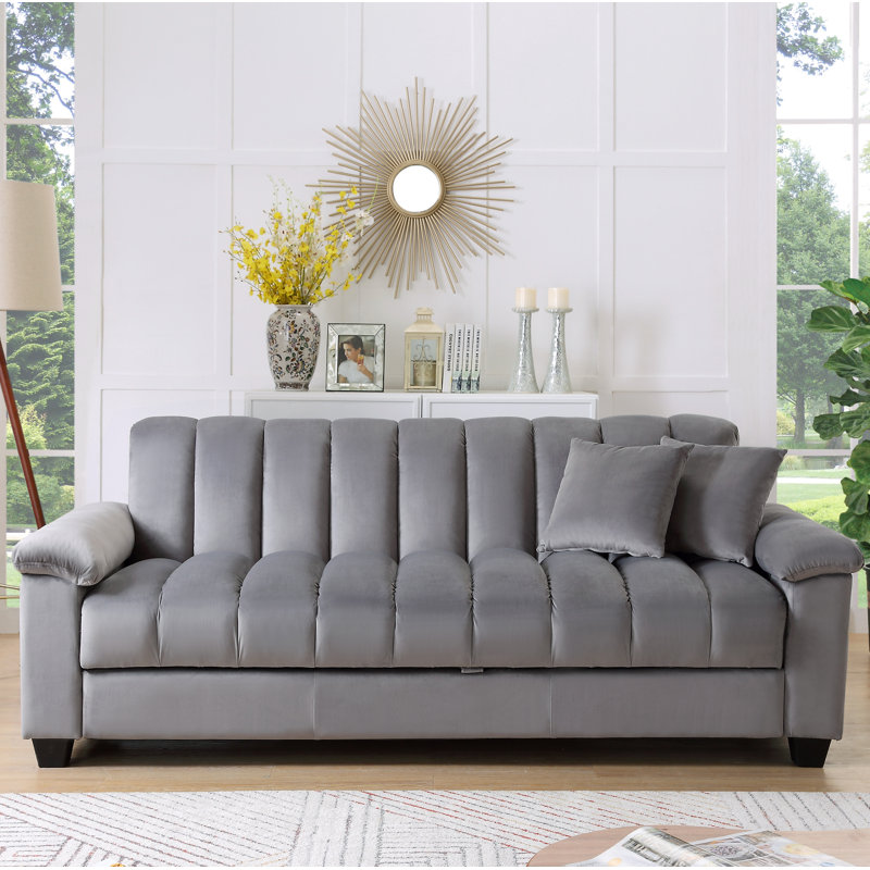 Cesella 83" Velvet Pillow Top Arm Convertible Sofa Bed with Storage, Gray