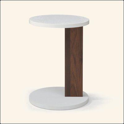 Table de bout en C, petite table d'appoint pour canapé, table de canapé avec cadre en bois pour le salon, la chambre à coucher, le chevet, rustique (blanc et noyer)