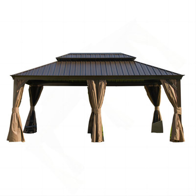 Pavillon de jardin rigide de 12 pi x 18 pi, auvent extérieur en aluminium avec double toit en acier galvanisé, pavillon extérieur permanent en métal avec rideaux et filet pour patio, cour et pelouse