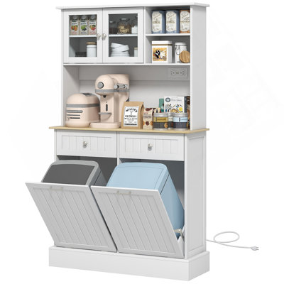 68" Kitchen Pantry Storage Cabinet With Charging Station, 2 Tilt Out Trash Cabinets And Microwave Stand, Freestanding Kitchen Hutch With Glass Doors And Adjustable Shelf, White