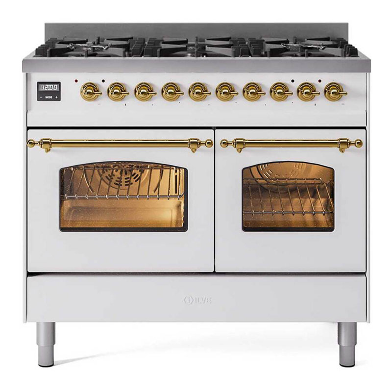 ILVE UPD406NMP Nostalgie II 40 inch Dual Fuel Range with 6 Total Black Brass Burners (Limited Edition), White, Liquid Propane