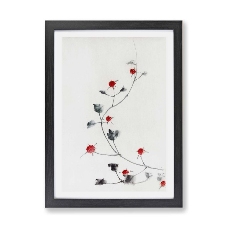 Small Red Blossoms On A Vine by Katsushika Hokusai - Single Picture Frame Painting, 24cm H x 33cm W x 2cm D, Black