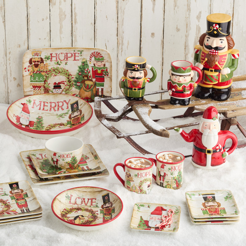 Nutcracker Parade Christmas Dinnerware Set – Vintage Holiday Ceramic Plates, Mugs & Bowls – Santa, Nutcracker, Reindeer Art – Festive Tableware Service for 4