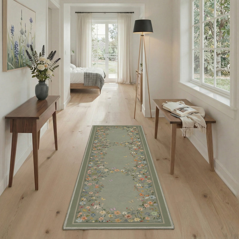 Alameda Aura Floral Machine Washable Green / Yellow / Pink Indoor Area Rug with Non-Slip Backing, Runner 2'6" x 8'