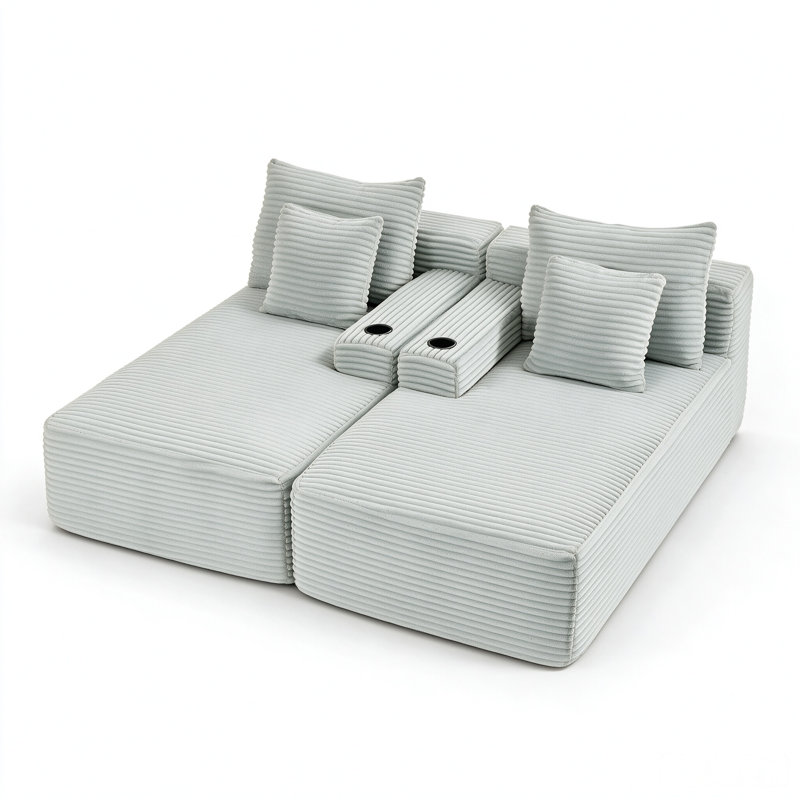 Chaise longue double compressible avec porte-gobelets et design convertible, aucun assemblage requis, Blue,Grey Corduroy