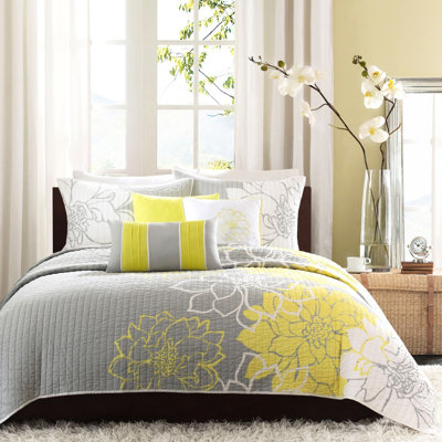 Courtepointe gris / jaune taupe, 6 pièces en coton, très grand / très grand, imprimée avec un lit moderne, réversible pour lit très grand, coussins moelleux