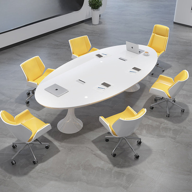 Table de conférence ovale blanche moderne à base de tulipes de 94,49 po, bureau de réunion brillant pour salle de conférence