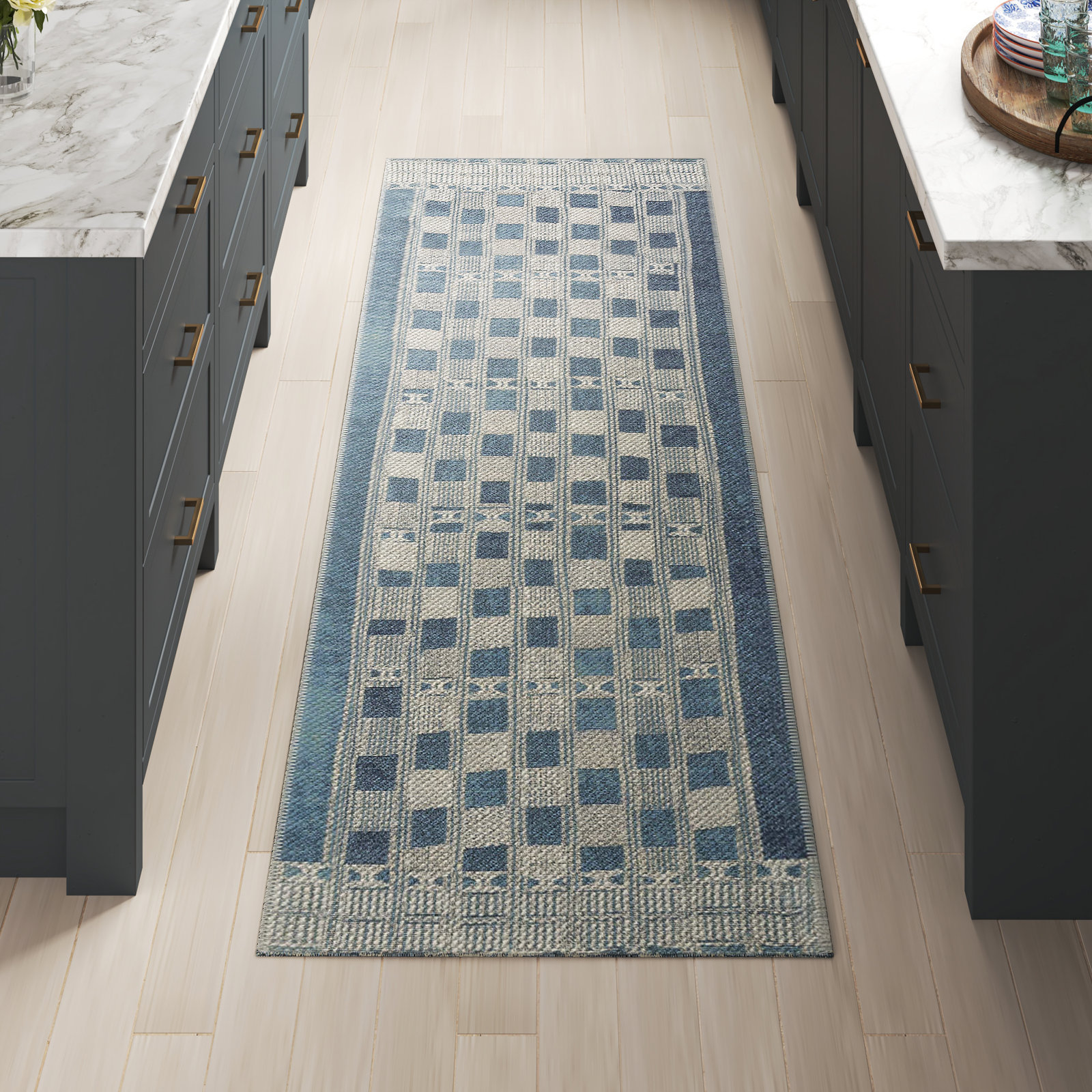 Homer Blue Ivory Geometric Outdoor Rug, Runner 2'5" x 7'8"