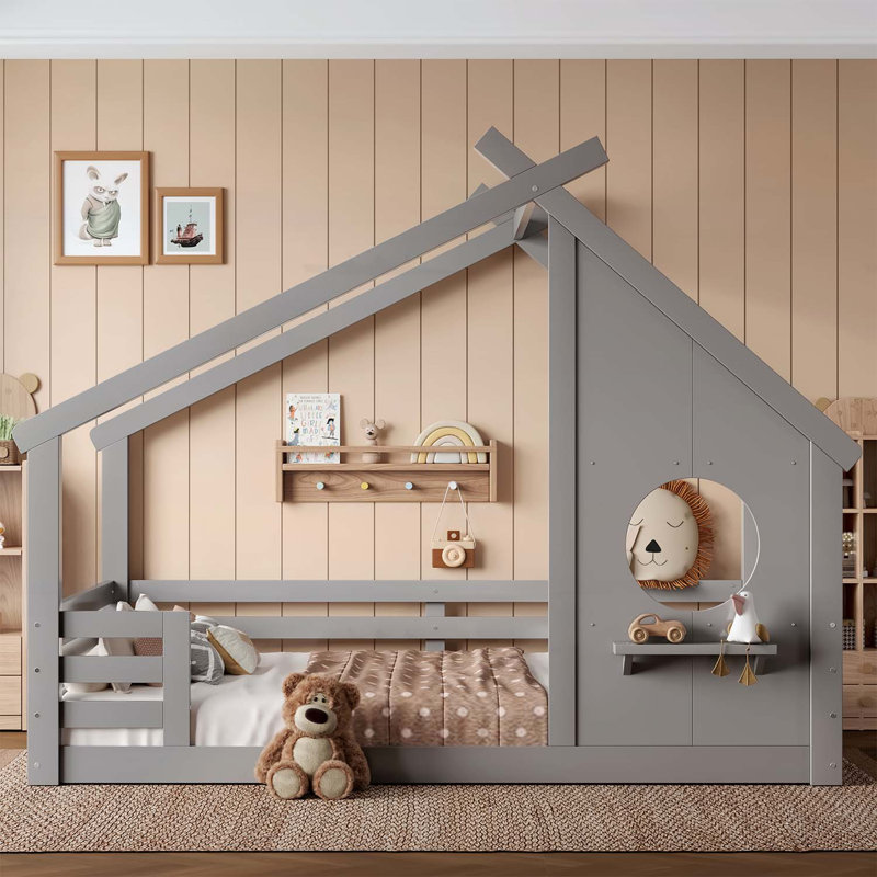 Lit House House avec fenêtre et petite tablette, aucun sommier nécessaire, Lit double, Gris