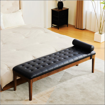 Banc de 66 po au bout du lit avec appui-tête, banc pour fenêtre d'appoint capitonné, pieds en noyer d'hévéa foncé et pieds en bois d'hévéa avec repose-pieds en cuir nano