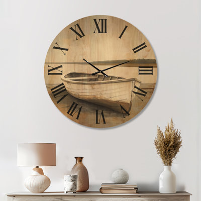 Weathered Shore Rowboat - Gray Coastal Large Round Wall Clock, Printed on Wood