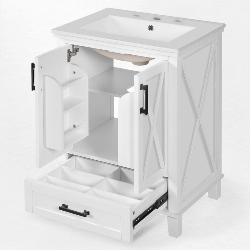 Meuble-lavabo simple 24 po avec plateau en céramique, Blanc, Noir