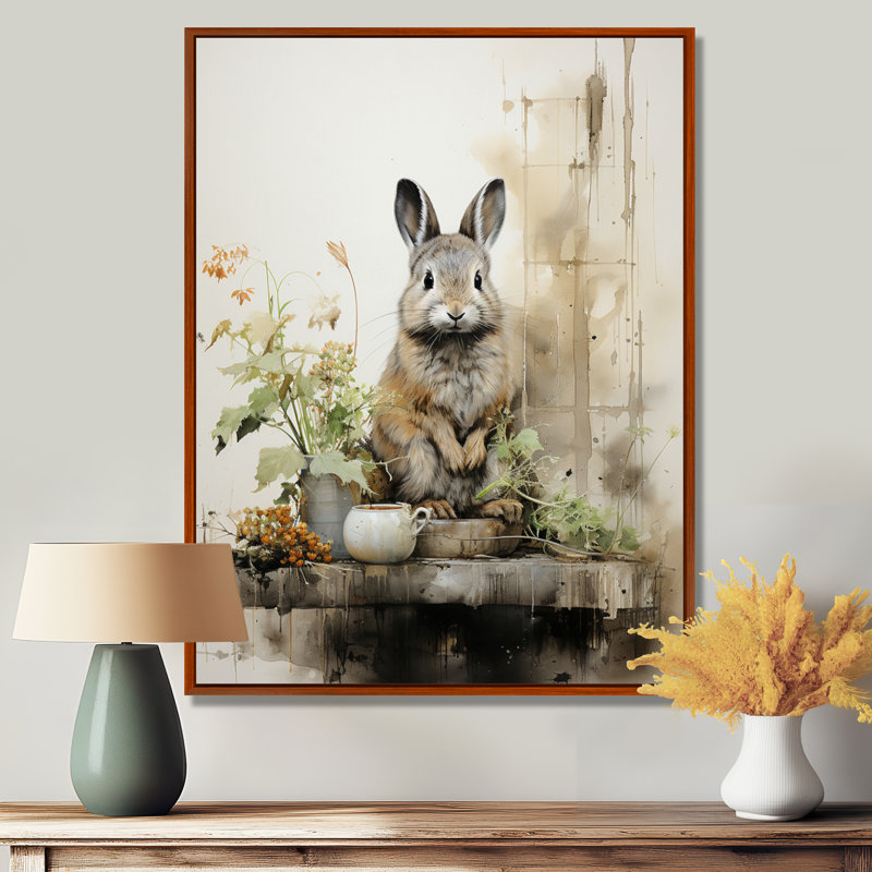 Traeven Asian Art Rabbit Sumi I - Lapin, art mural, 40" H x 30" W, Cadre flottant brun