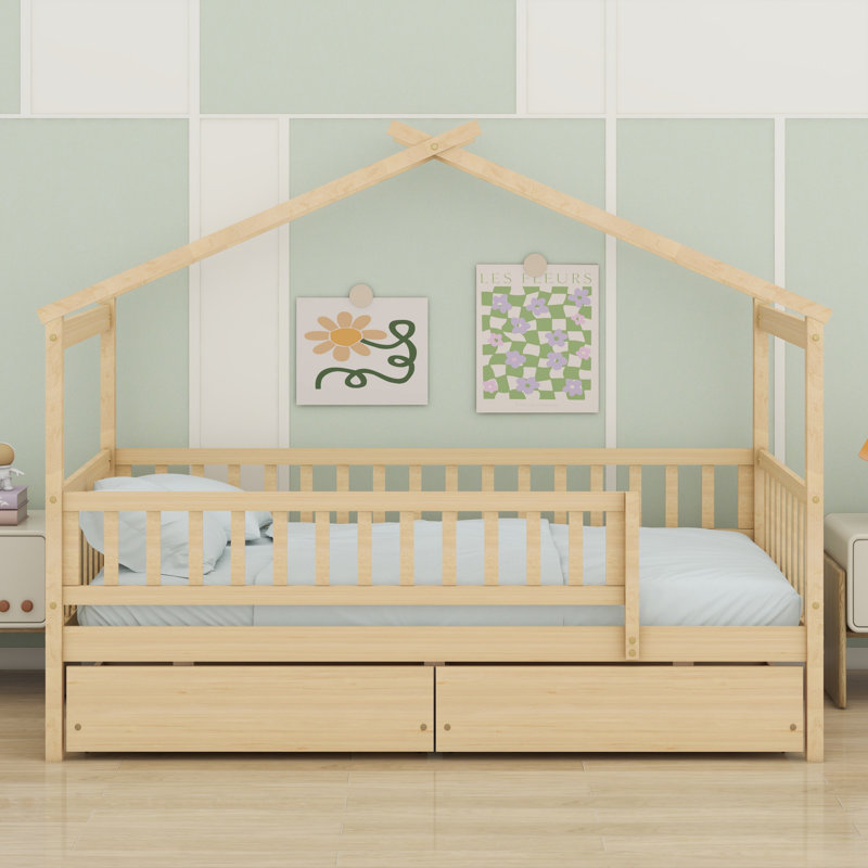 Lit en bois avec tiroirs, Naturel