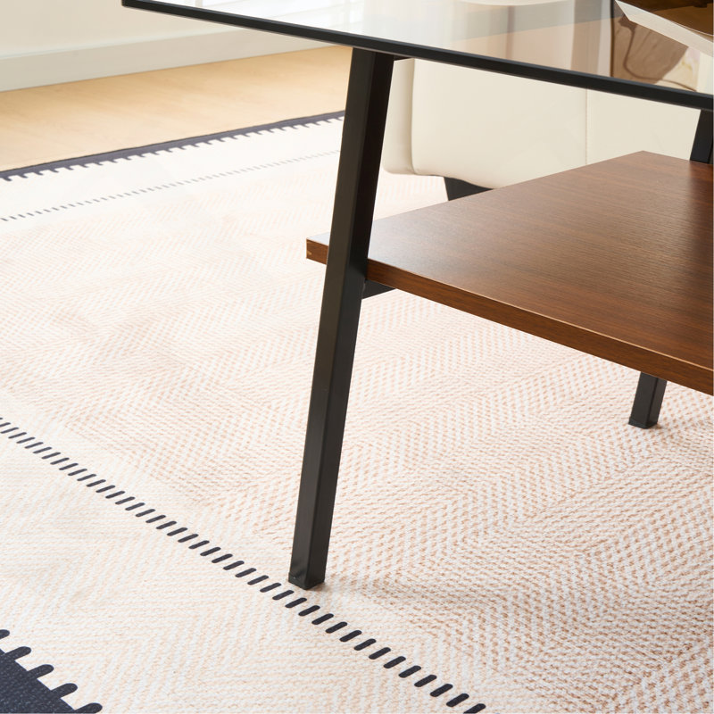 Rectangle Coffee Table, Tempered Glass Tabletop With Black Metal Legs, Modern Table For Living Room , Brown Glass, Brown