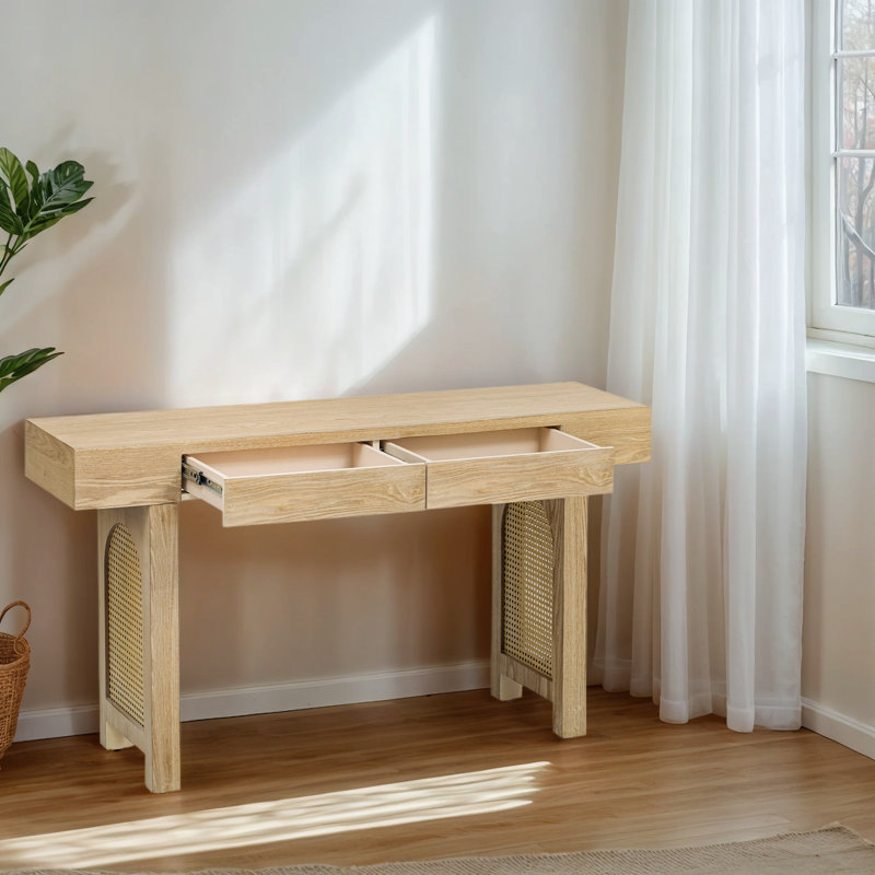 Console rustique étroite avec décorations en rotin et 2 tiroirs, Bois naturel