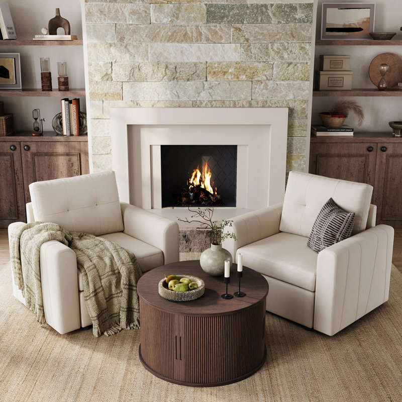 Table basse ronde avec grand rangement Leathia, Standard Top/1 Cabinet, Walnut