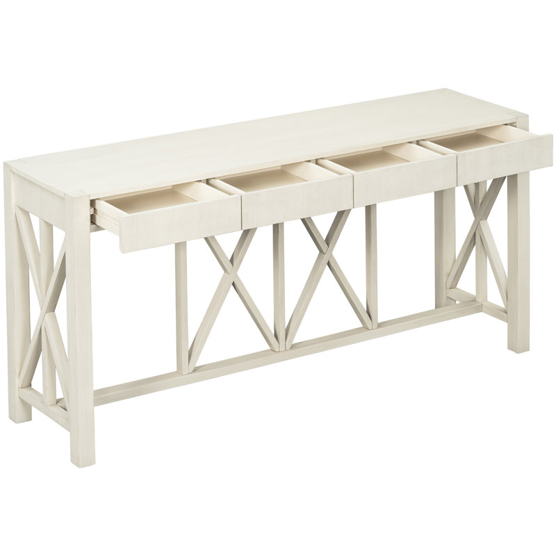 Console d'entrée plaquée avec 4 tiroirs spacieux, design croisé, base ouverte pour salle à manger, couloir ou pièce