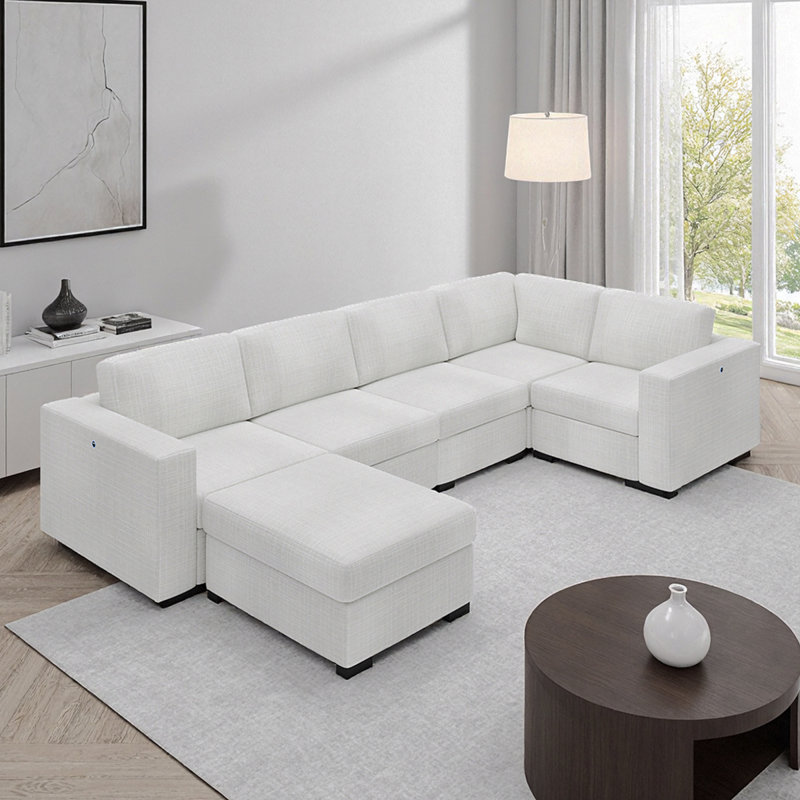 Canapé modulaire en forme de U de 127 po avec repose-pieds blanc - ports USB / Type-C, aménagement convertible, mousse haute densité et structure en bois massif