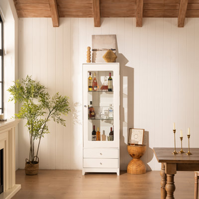 71'' Freestanding Display Cabinet With Adjustable Shelves, Upholstered Pantry, 2 Storage Drawers, Wine Cabinet, Glass Door, 5 Colors Led Ceiling , 180° Panoramic View For Style - White Hallway Decor