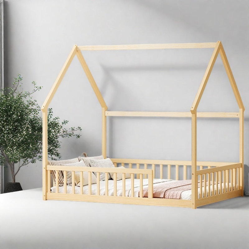 Lits pleine grandeur à structure de maison, lit à plancher en bois de pin, chambre d'enfant de ferme