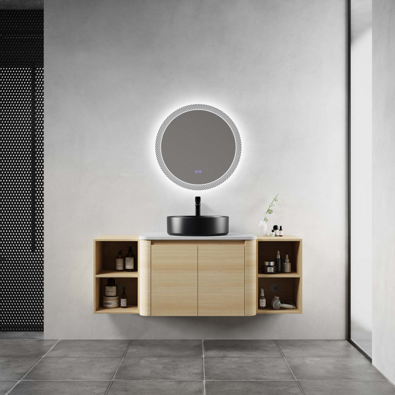 Meuble-lavabo mural avec lavabo d'art en céramique et 2 tablettes de rangement, 2 portes à fermeture douce, 54", Noir