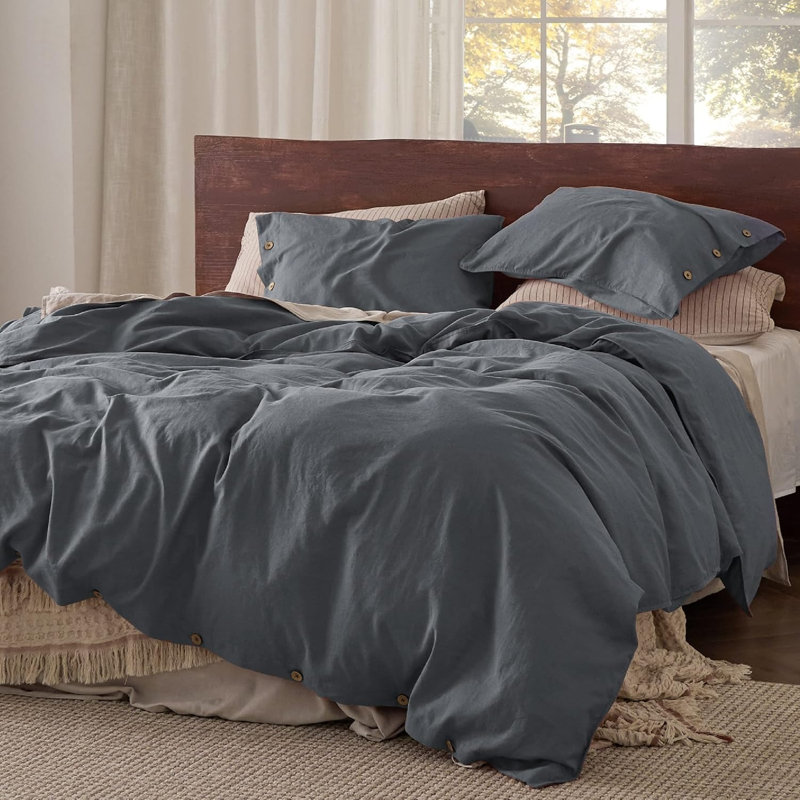 Bedsure Linen Cotton Blend Duvet Cover Set, King Duvet Cover + 2 King Pillowcases, Charcoal Gray