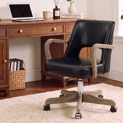 Chaise de bureau pivotante à hauteur ajustable avec roulettes - siège à dossier moyen en tissu, base en bois