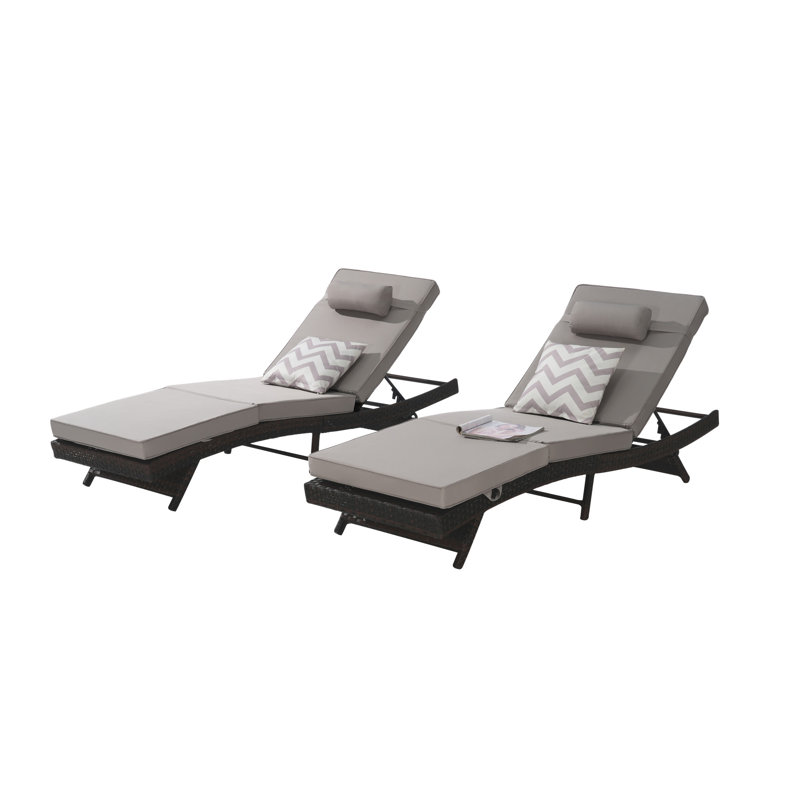 Outdoor Wicker Long Reclining Chair Set Of 2, Light Gray