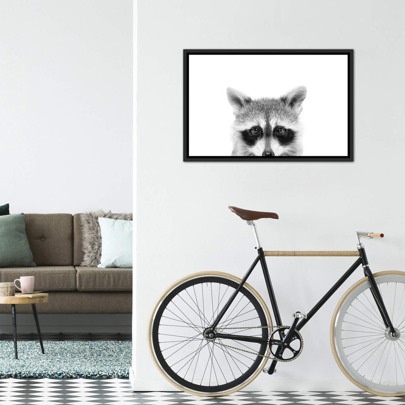 «Peeking Raccoon» par Sissi & Seb - reproduction de photo, Pas de tapis, Toile avec cadre noir patiné