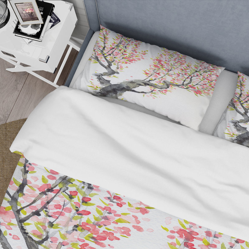 Fleurs de printemps rouges sur des branches d'arbre - Ensemble de housse de couette traditionnel - Microfibre de polyester