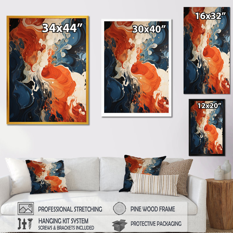 Encre liquide bleue et orange V - Art mural abstrait, H 32 po x l 16 po x P 1 po, Toile tendue