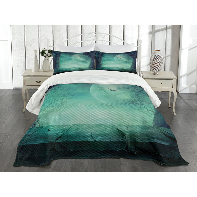 Ambesonne Teal Bedspread Set Spooky Forest Halloween Teal, King Coverlet / Bedspread + 2 Standard Shams