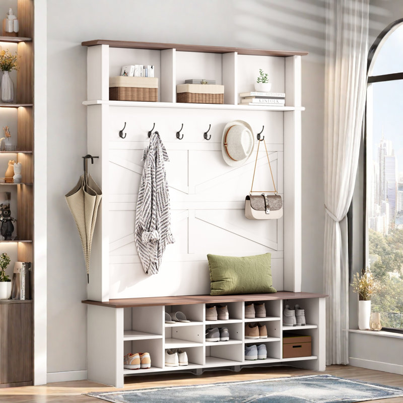 Farmhouse 4-in-1 Hall Tree With 6 Hooks, Entryway Bench With Adjustable Shelves, 16 Open Compartments And A Side Umbrella Rack