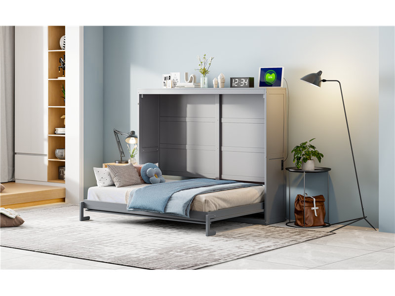 Grand lit escamotable mural, gris, Gris, Grand lit