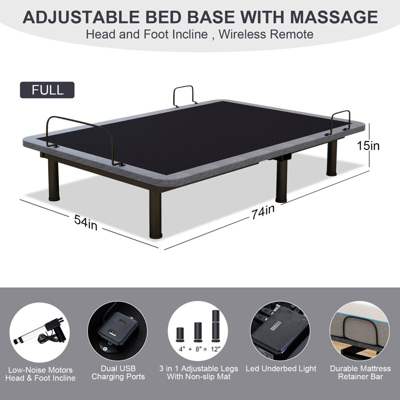 Wayfair Adjustable Bed Frame Base Massage With 12" Mattress, Full / Double
