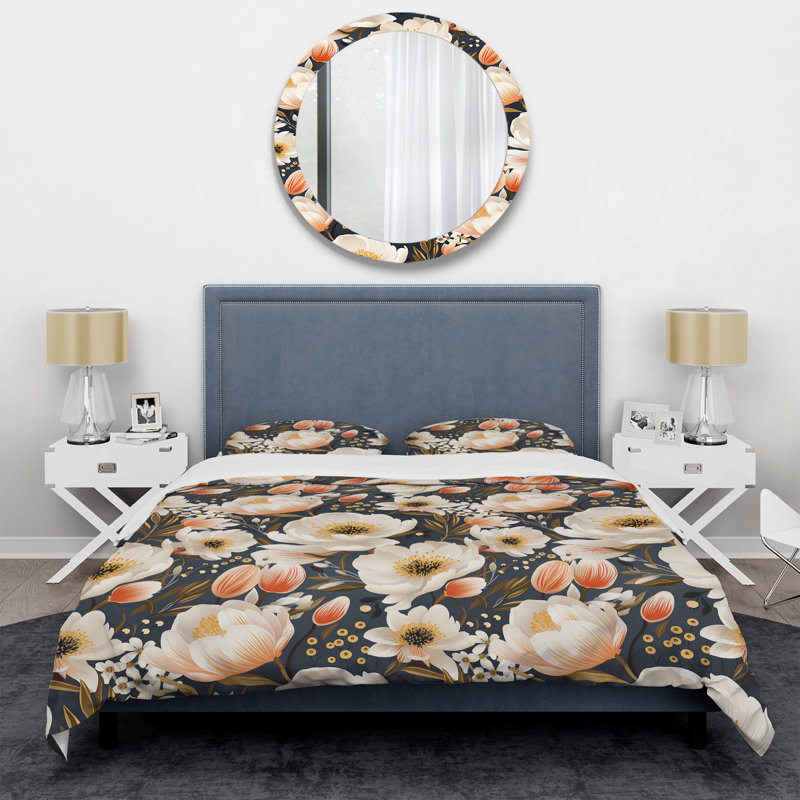Ensemble de housse de couette floral beige en polyester microfibre I, Housse de couette pour très grand lit et 2 très