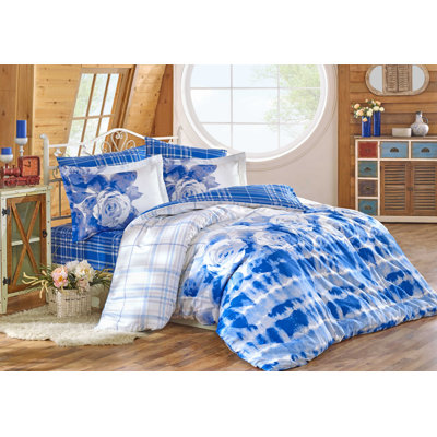 Ensemble de housse de couette 100% coton bleu / blanc / gris Elva