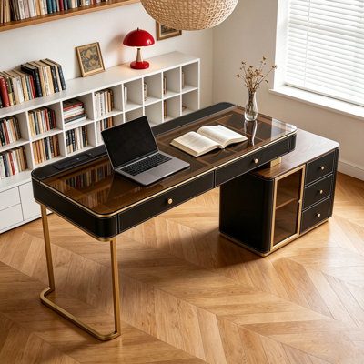 Bureau d'ordinateur pivotant de haute qualité, finition similicuir grainé, bureau pour bureau à domicile, bureau de direction en L, prise électrique, plateau en verre, montage très facile