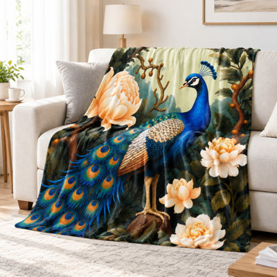 Plaid en flanelle à motif paon et fleurs - Bleu vif, design élégant, ultra doux, léger, respirant, toutes saisons, agréable pour la peau, lavable à la machine, décoratif, pour canapé, fauteuil, salon ou chambre