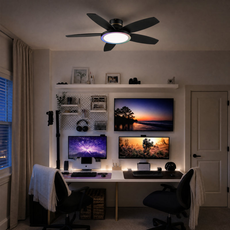 Ventilateur de plafond encastré à 5 pales de 42 po à 5 pales avec lumière RVB réglable et télécommande, Noir mat / noir
