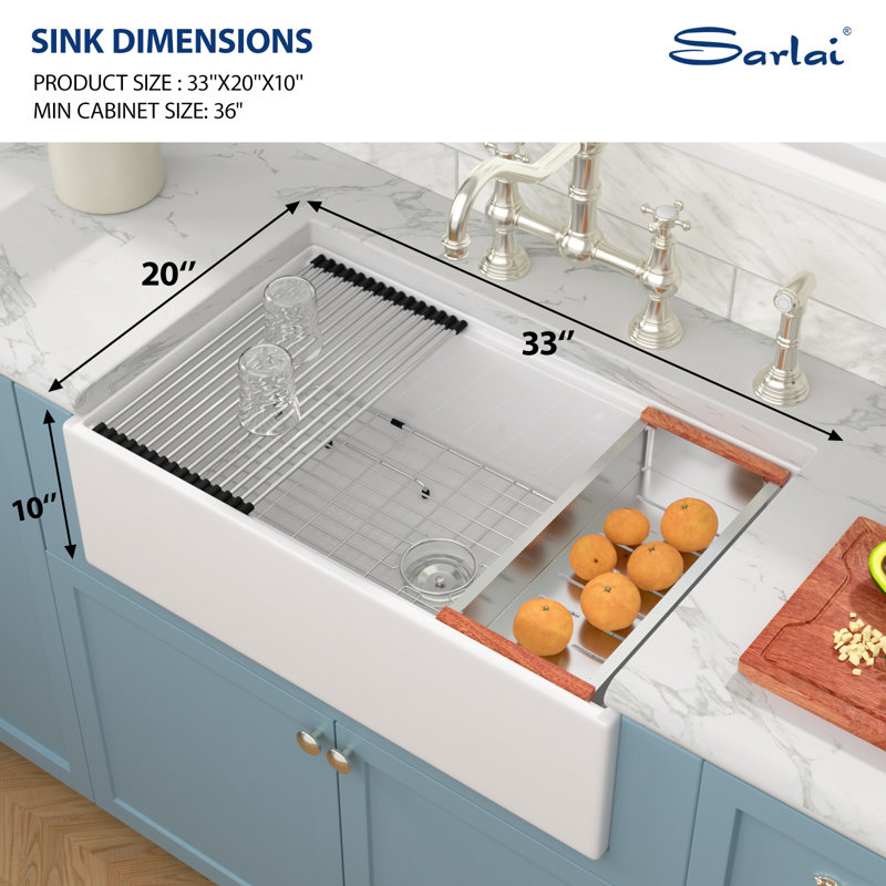 Ceramic 33" L x 20" W Large Single Bowl Farmhouse/Apron Kitchen Sink Workstation with Accessories, Silver